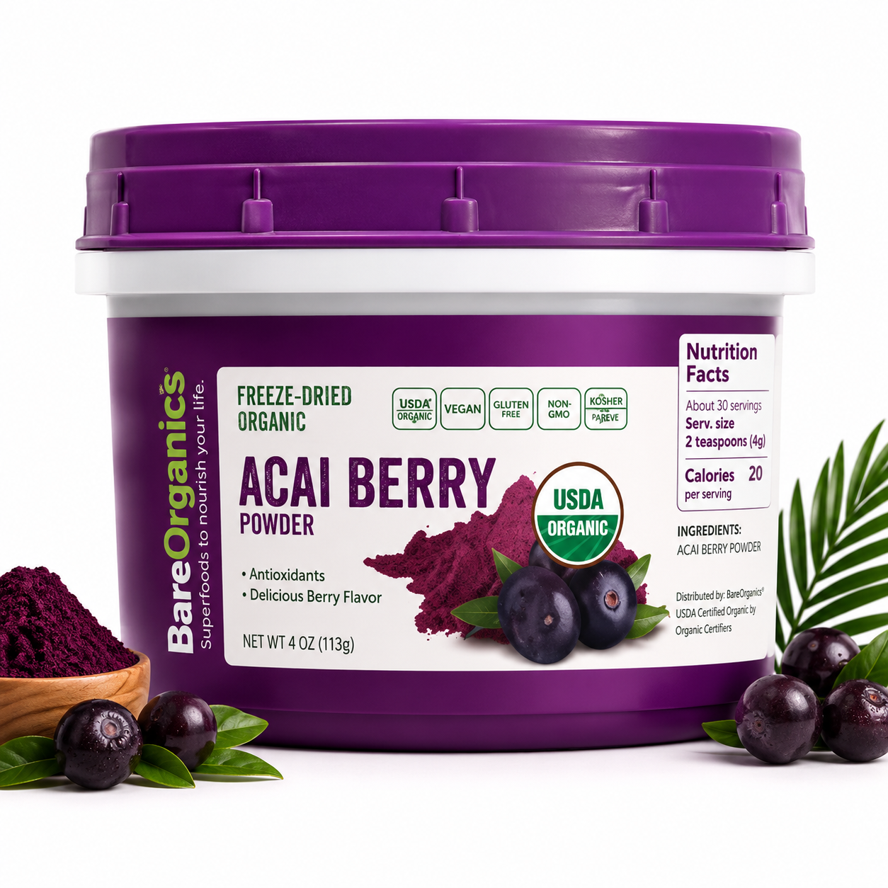 BareOrganics Acai Powder - Superfood Powder, Organic Freeze Dried Acai Berry Powder, 4 Oz