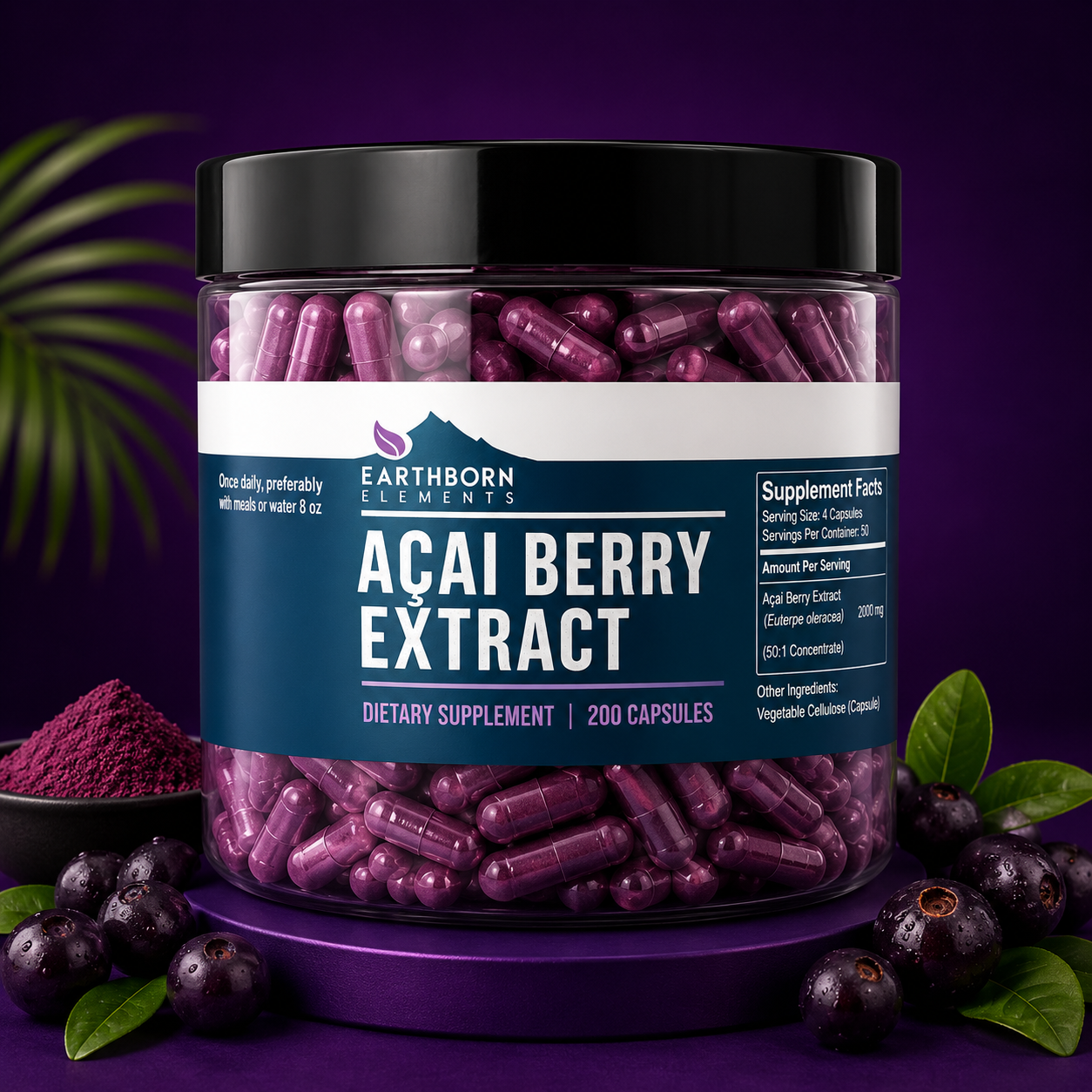 Earthborn Elements Acai Berry Extract 200 Capsules, Pure & Undiluted, No Additives